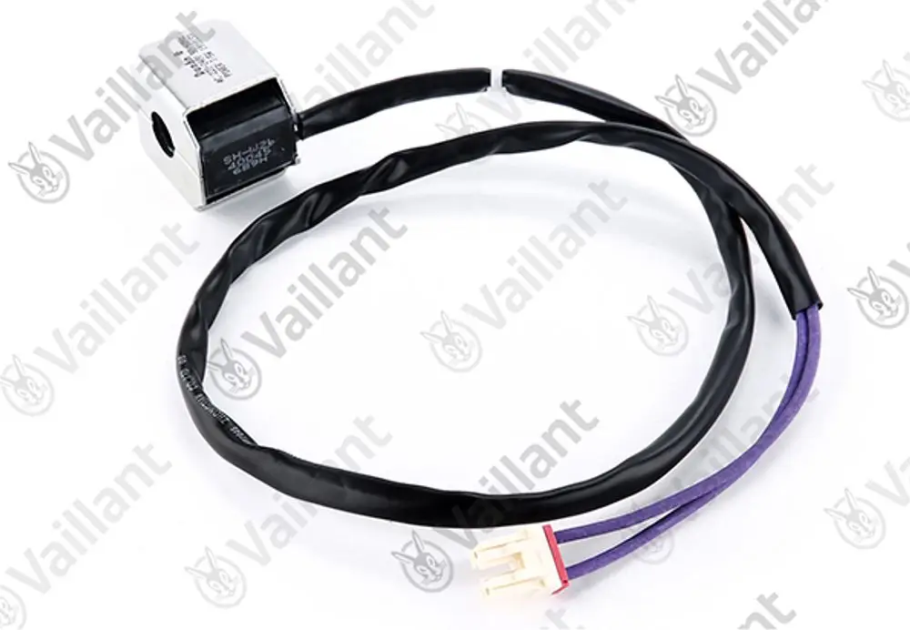 Vaillant-Spule mit einem Anschlusskabel, das einen elektrischen Connector hat. Diese Komponente ist Teil eines 4-Wege-Umschaltventils.
